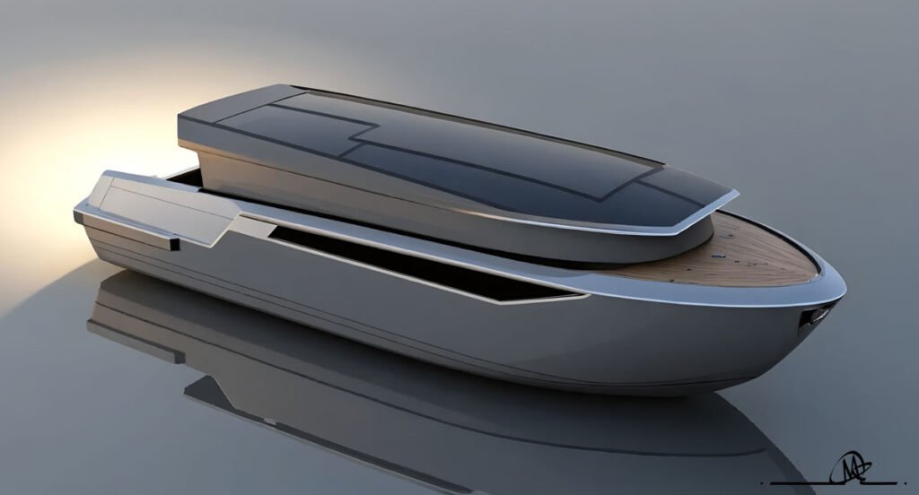 A sophisticated 10.5-meter grey and black limousine superyacht tender design, featuring a sleek, enclosed cabin, spacious foredeck with wooden detailing, and a modern, low-profile silhouette, rendered in a sunlit setting.