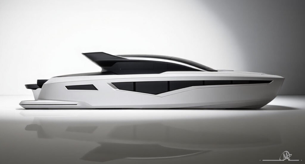 A futuristic white and black luxury yacht design, showcasing a sleek profile, large dark windows, and a distinctive superstructure, rendered in a studio setting.